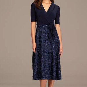 Alex Evenings Blue Tea-Length Soutache Dress with Tie Belt
